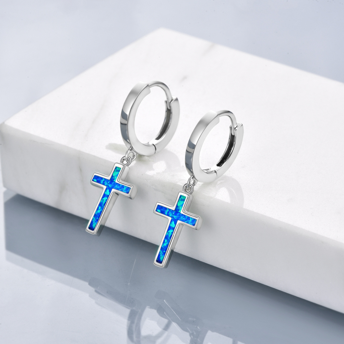 Sterling Silver Opal Cross Drop Earrings-3