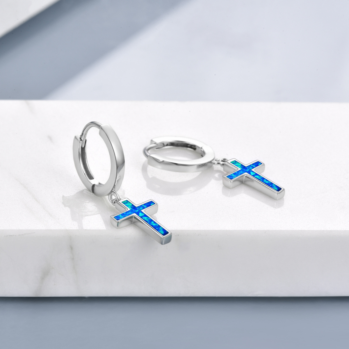 Sterling Silver Opal Cross Drop Earrings-4