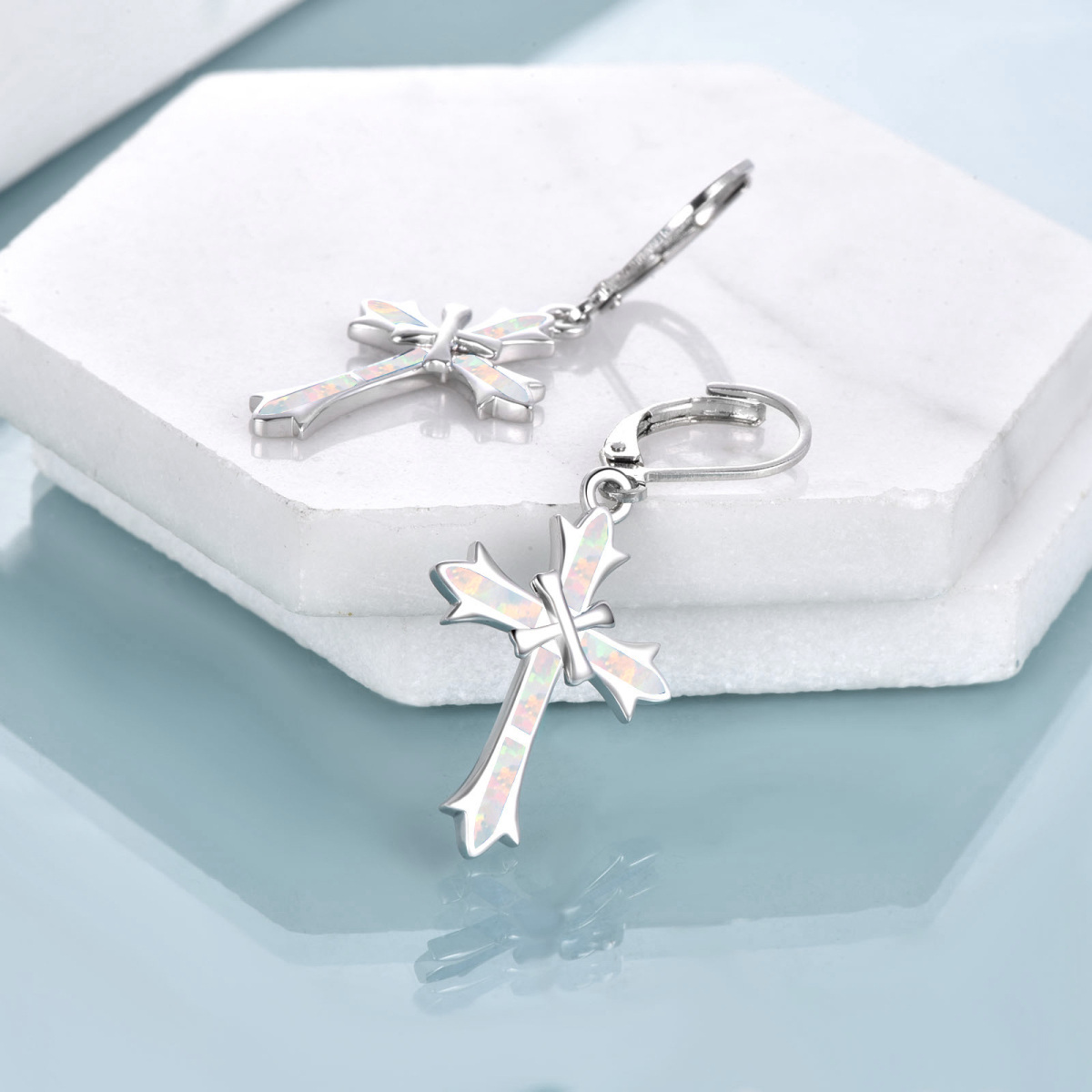 Sterling Silver Opal Cross Lever-back Earrings-3