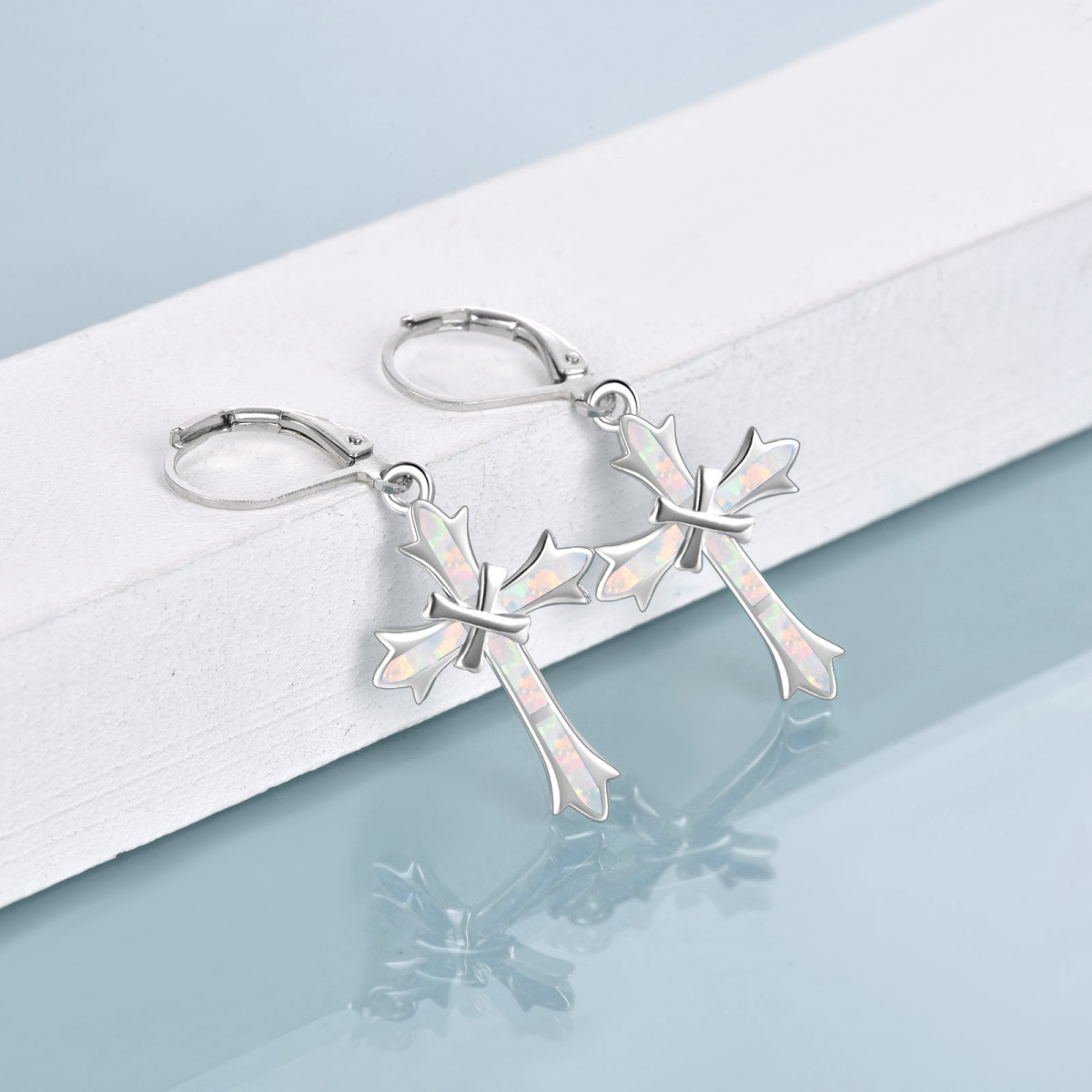 Sterling Silver Opal Cross Lever-back Earrings-4