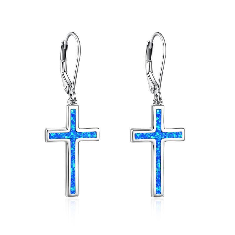 Sterling Silver Opal Cross Lever-back Earrings-1