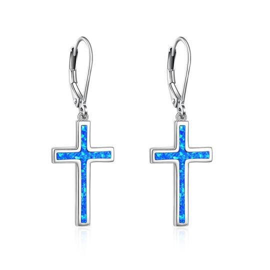 Sterling Silver Opal Cross Lever-back Earrings