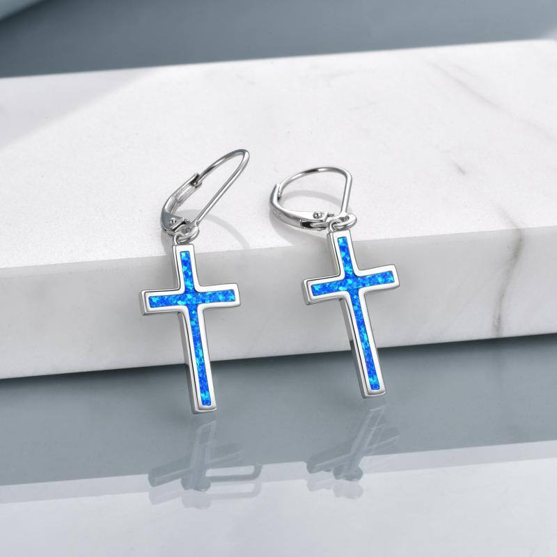 Sterling Silver Opal Cross Lever-back Earrings-3