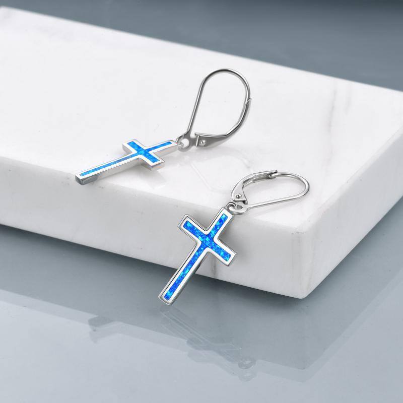 Sterling Silver Opal Cross Lever-back Earrings-4