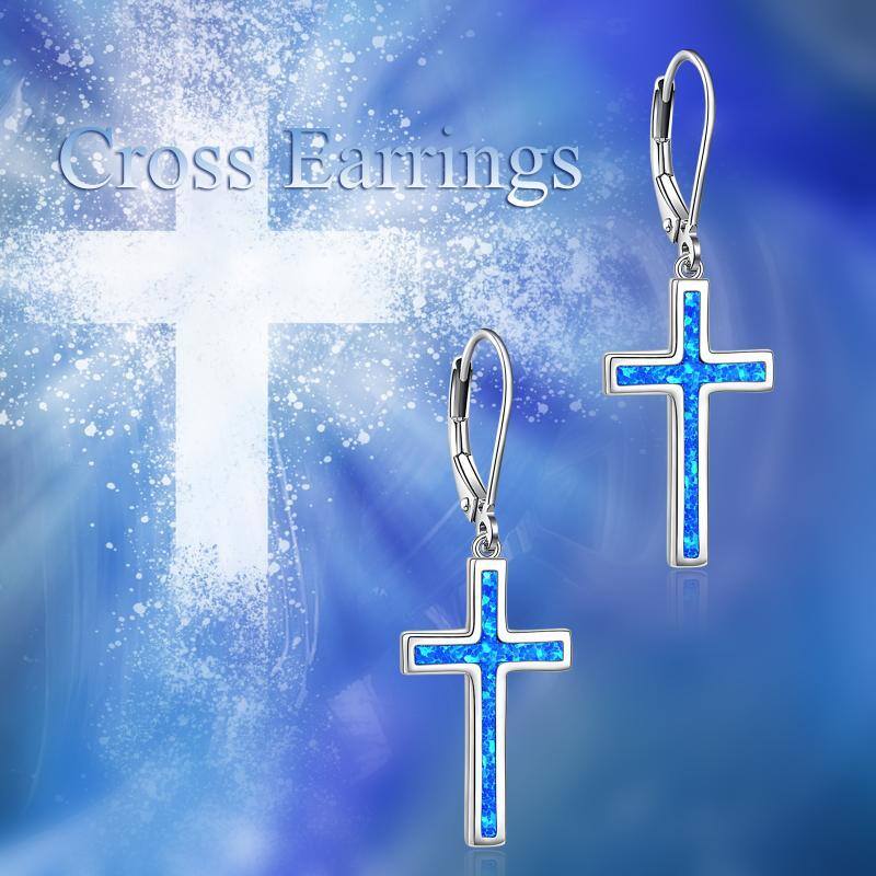 Sterling Silver Opal Cross Lever-back Earrings-6