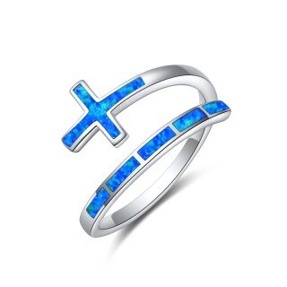 Sterling Silver Opal Cross Open Ring-10