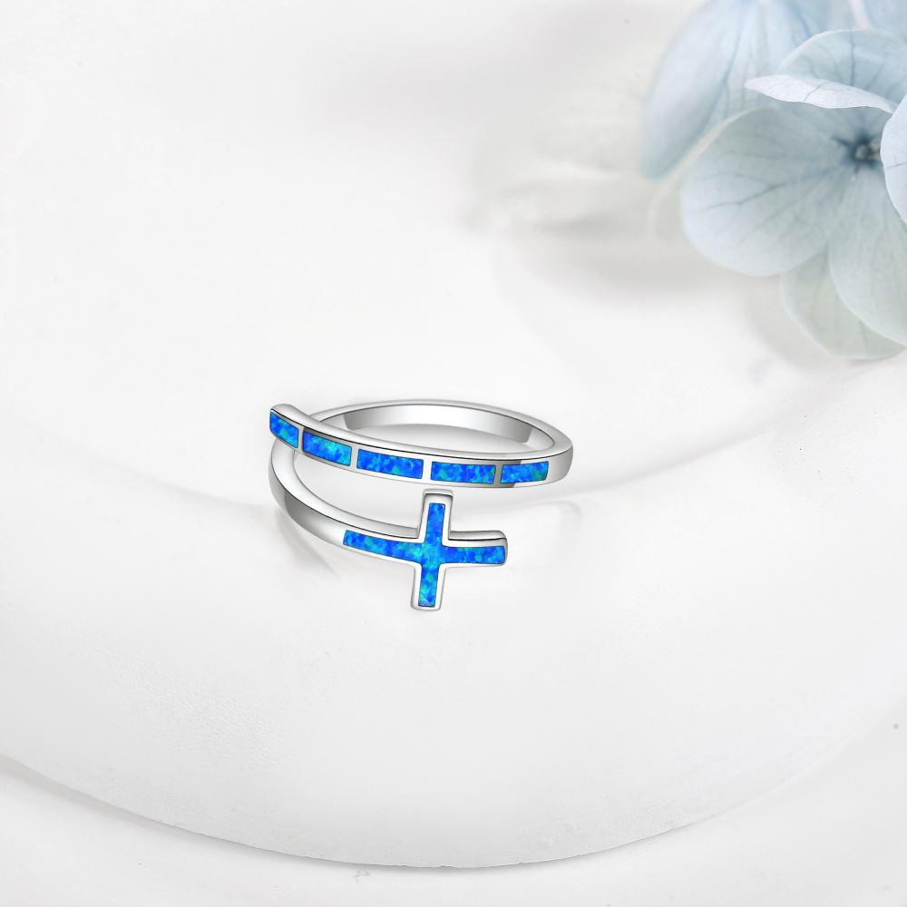 Bague ouverte en argent sterling avec croix en opale-3