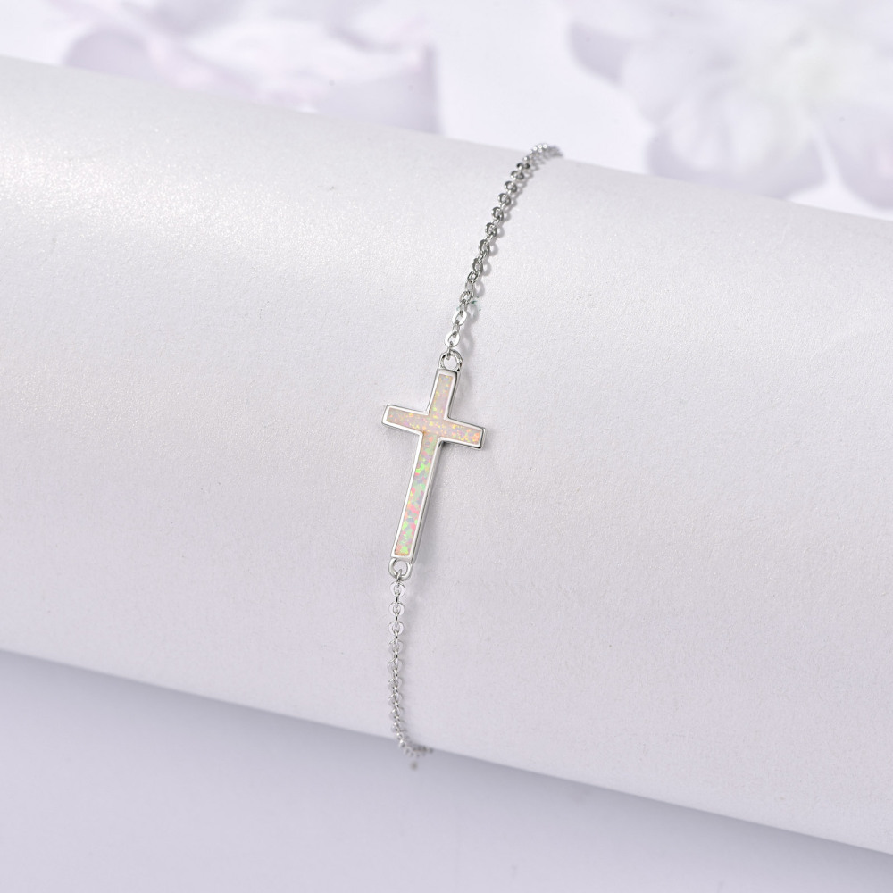 Sterling Silver Opal Cross Charm Bracelet-3