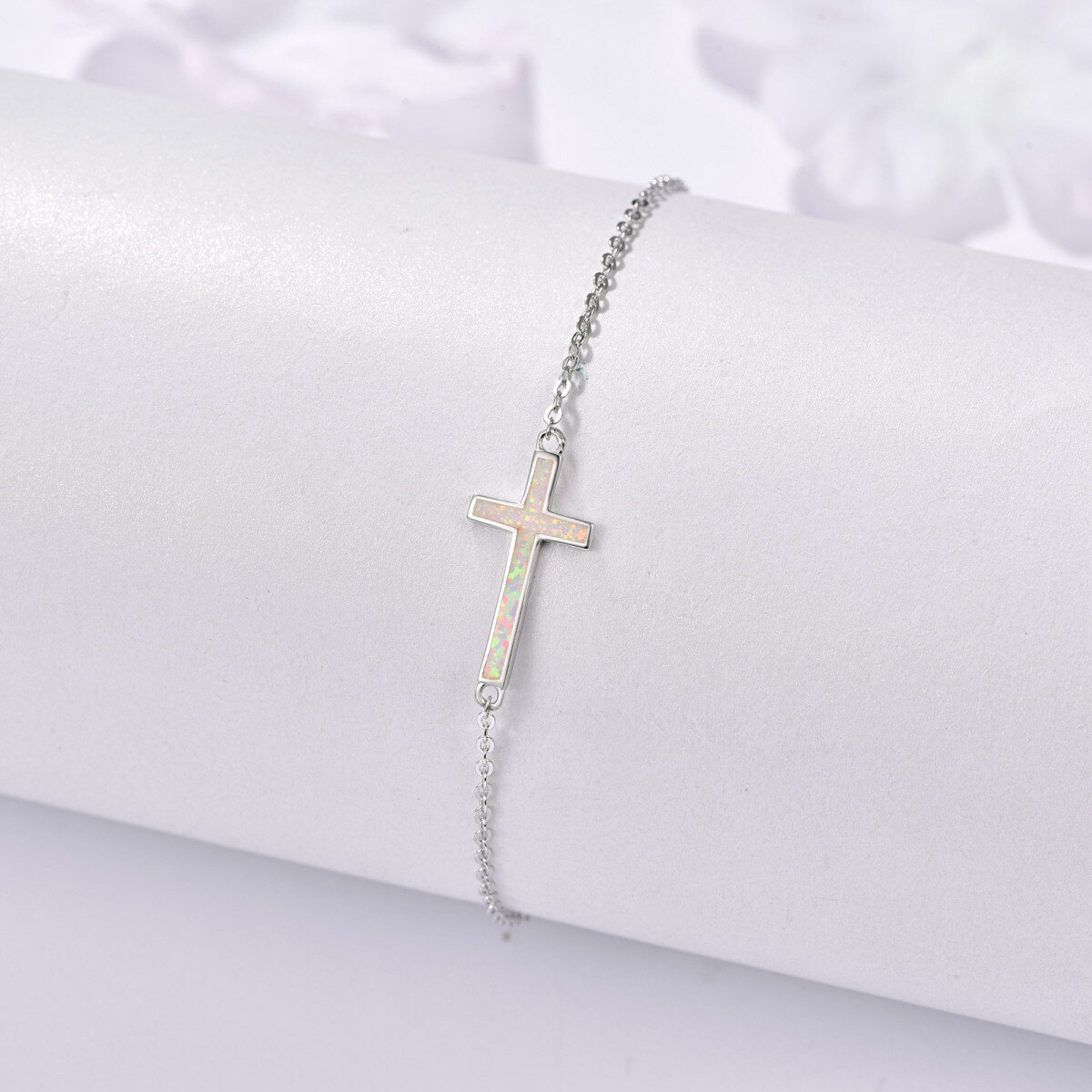 Sterling Silver Opal Cross Charm Bracelet-3