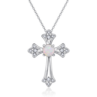 Sterling Silver Opal Cross Pendant Necklace-42