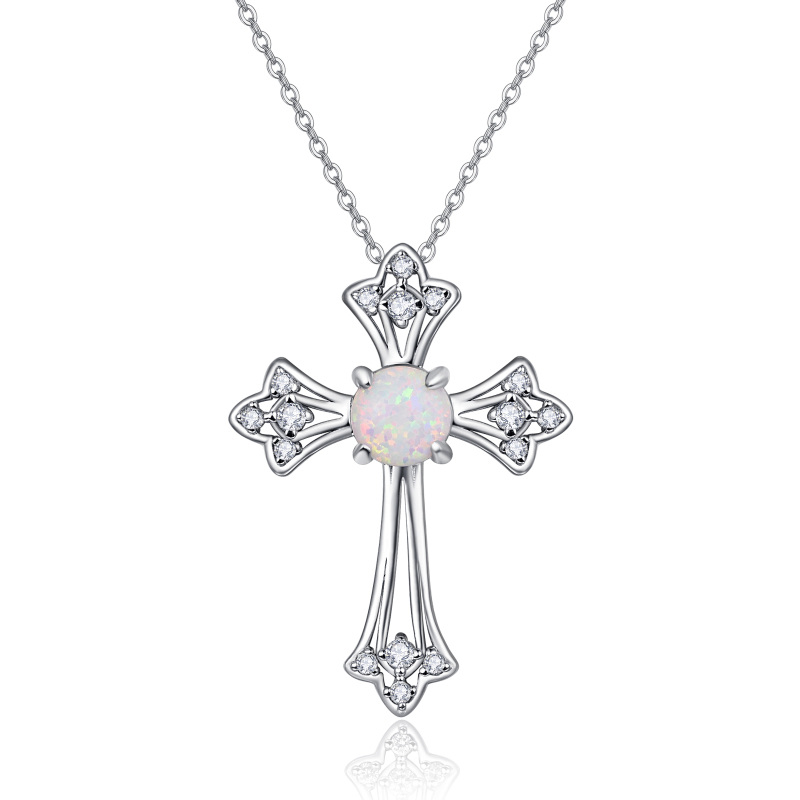 Sterling Silver Opal Cross Pendant Necklace-20