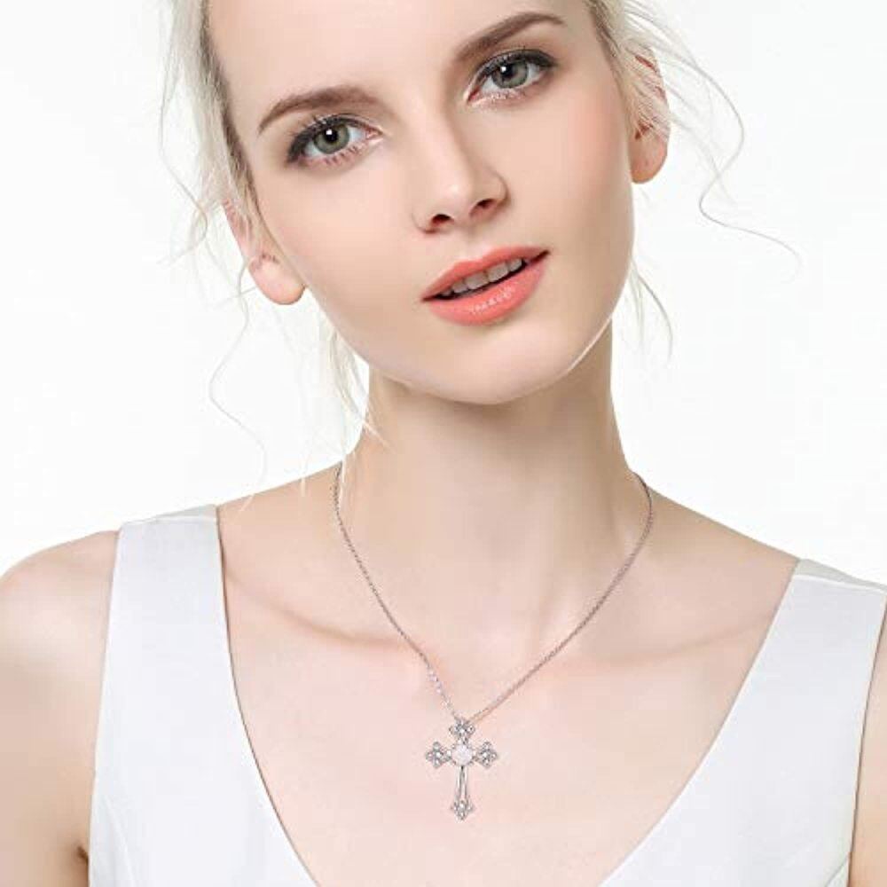 Sterling Silver Opal Cross Pendant Necklace-2
