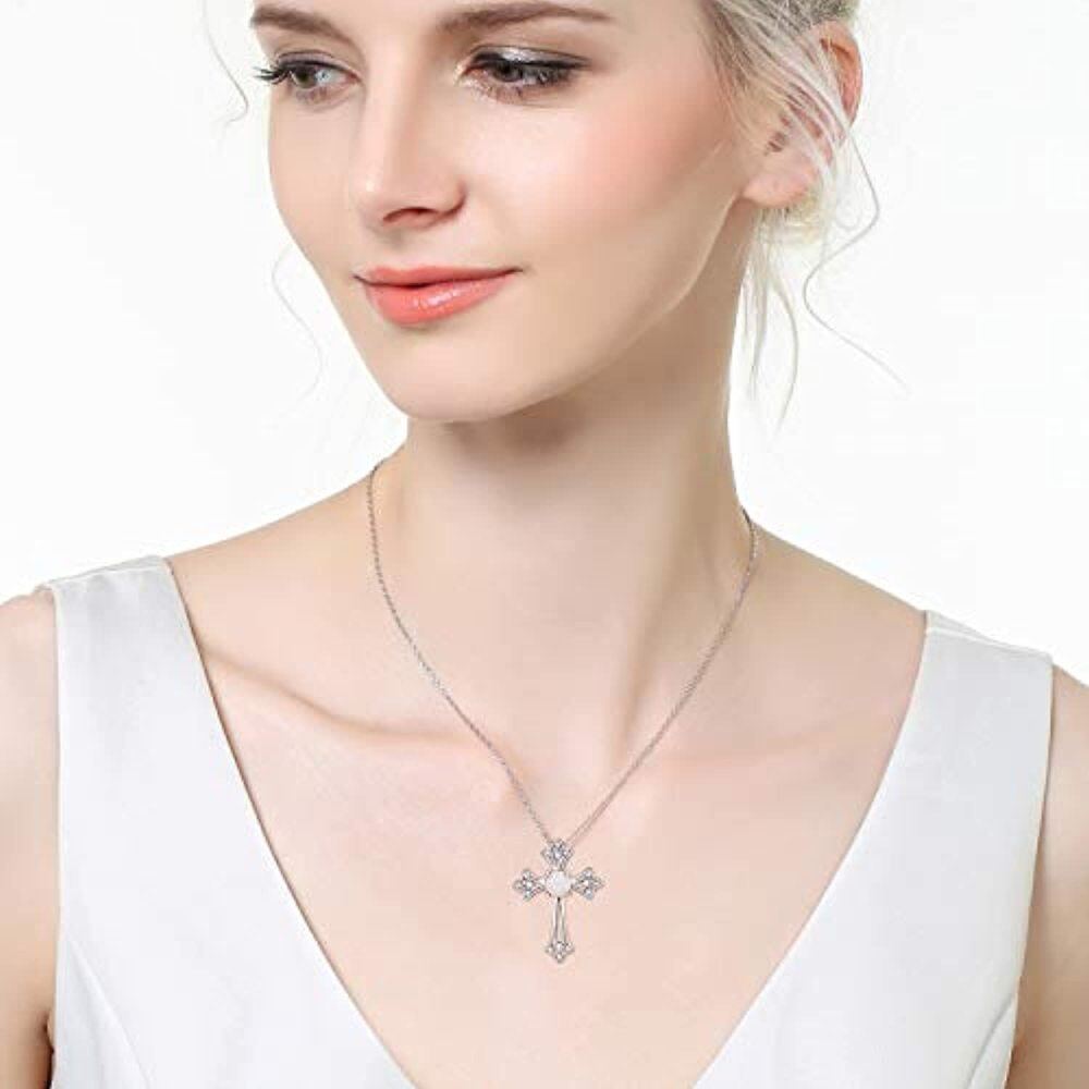 Sterling Silver Opal Cross Pendant Necklace-3