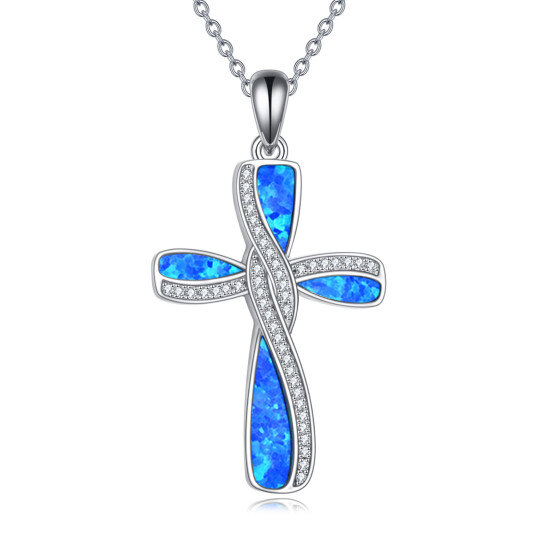 Sterling Silver Opal Cross Pendant Necklace with Engraved Word