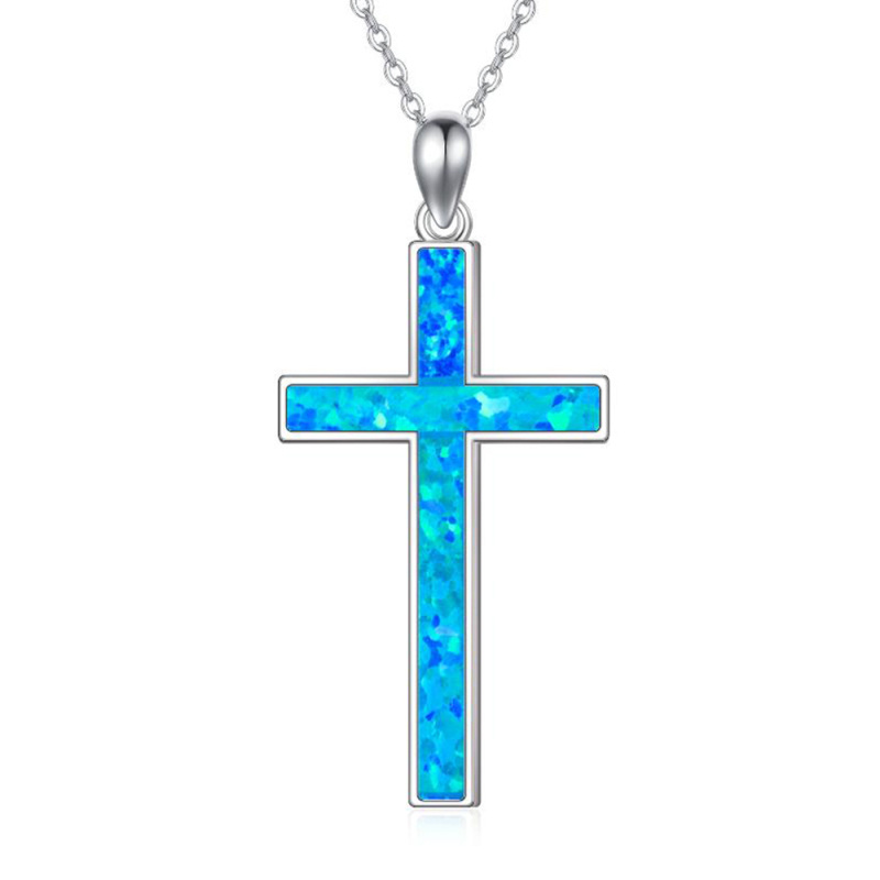 Sterling Silver Opal Cross Pendant Necklace-20