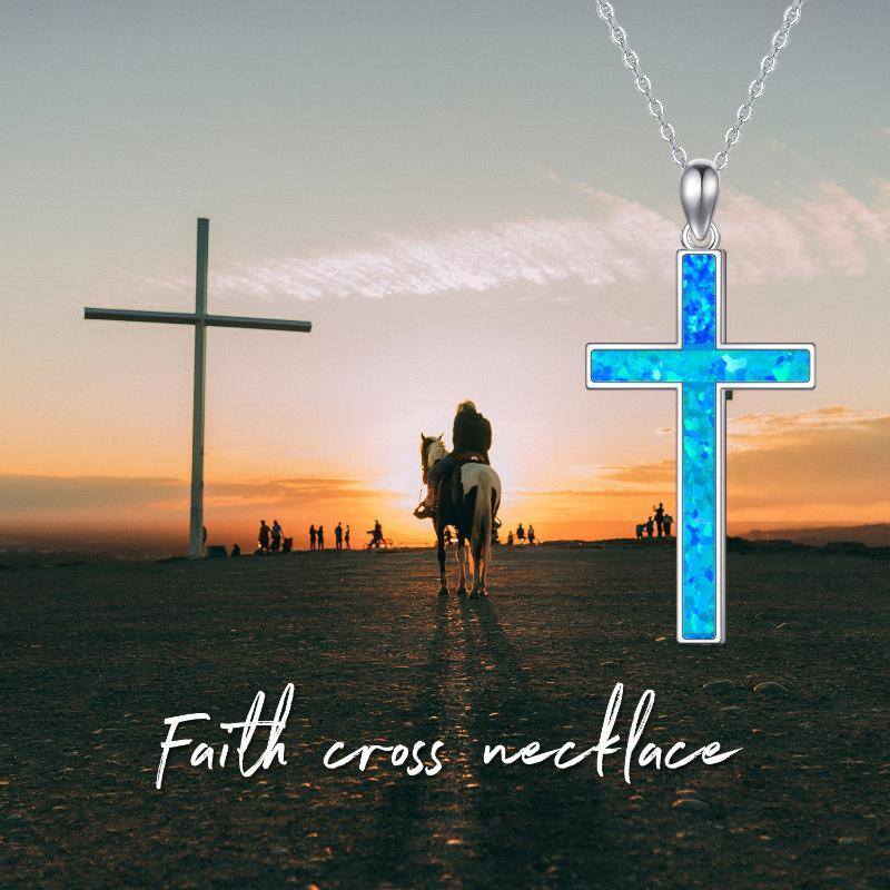 Colar com pingente de cruz de opala em prata esterlina-5