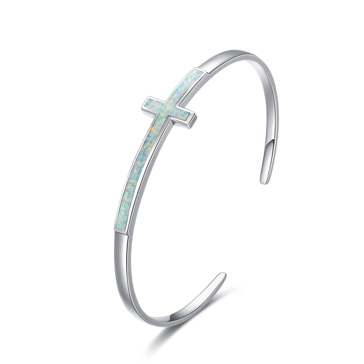 Sterling Silver Opal Cross Plain Bangle-1