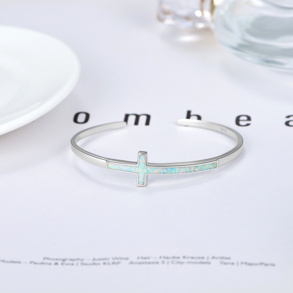 Sterling Silber Opal Kreuz Plain Armreif-5