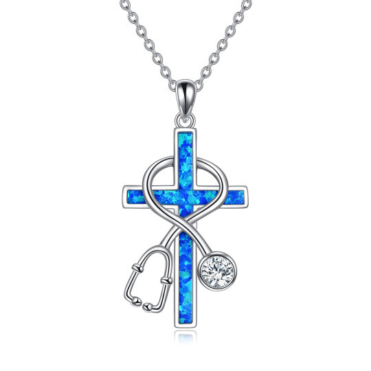 Sterling Silver Opal Cross & Stethoscope Pendant Necklace