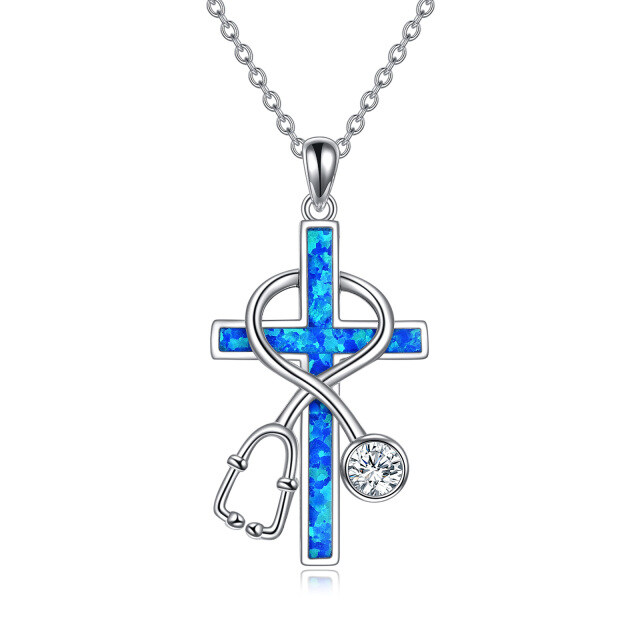 Sterling Silver Opal Cross & Stethoscope Pendant Necklace-1