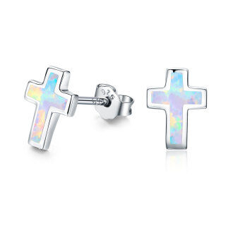 Sterling Silver Opal Cross Stud Earrings for Women Girls-2