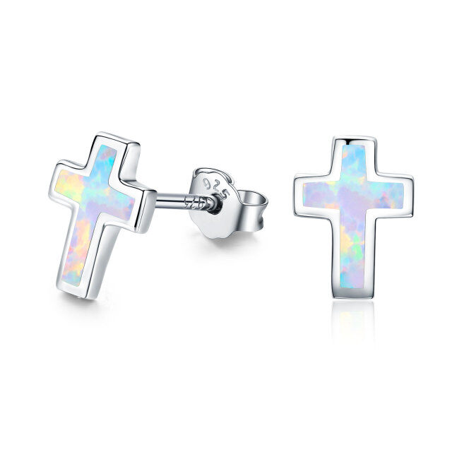 Ohrstecker mit Kreuz aus Sterlingsilber mit Opal für Frauen und Mädchen-1