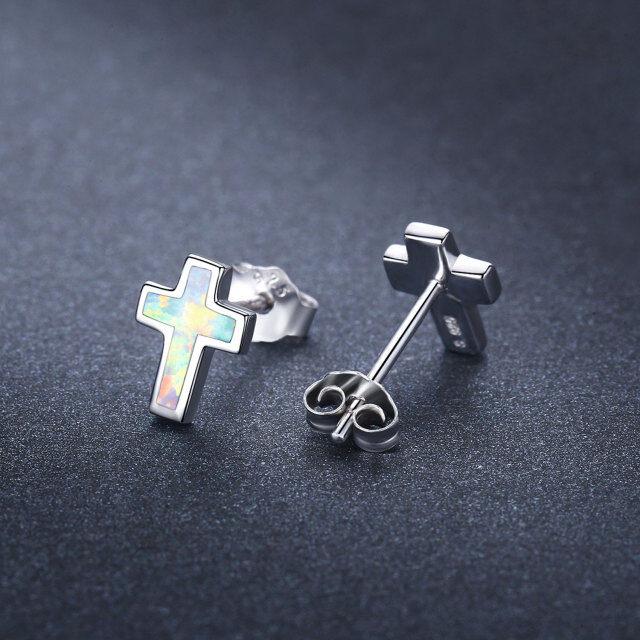 Ohrstecker mit Kreuz aus Sterlingsilber mit Opal für Frauen und Mädchen-3