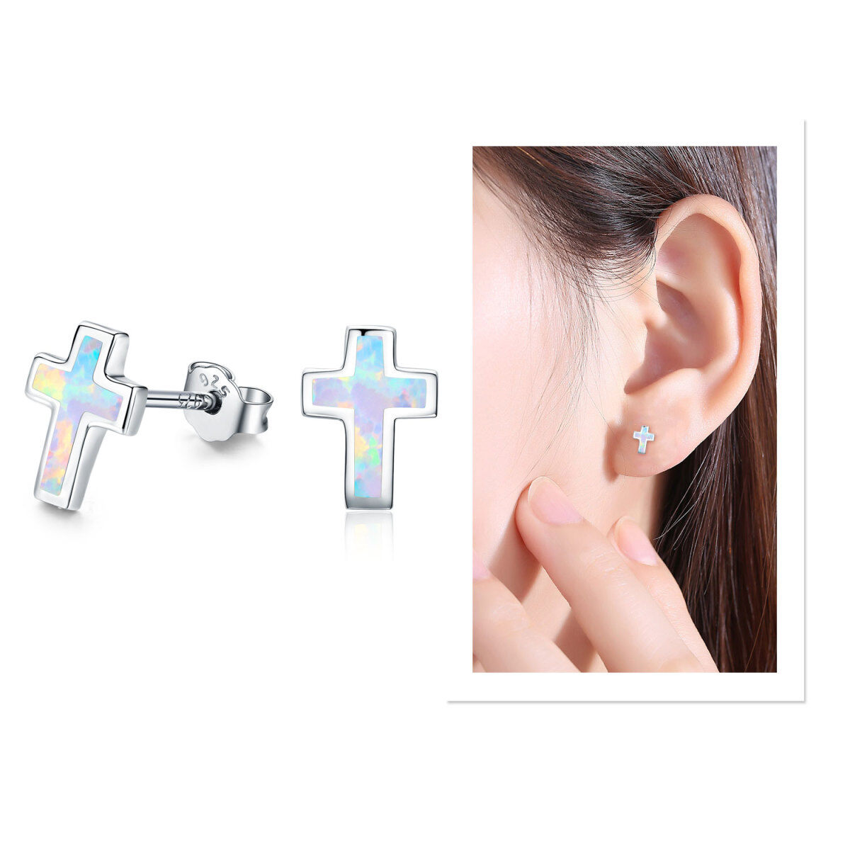 Boucles d'oreilles à tige en argent sterling avec croix en opale pour femmes et filles-4