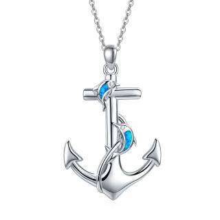 Sterling Silver Opal Dolphin & Anchor Pendant Necklace-3