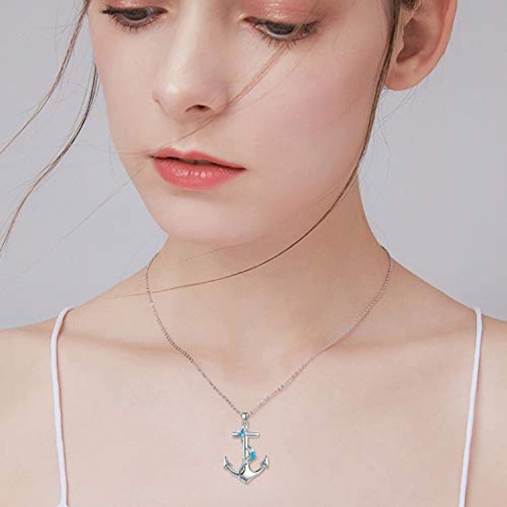 Sterling Silver Opal Dolphin & Anchor Pendant Necklace-2