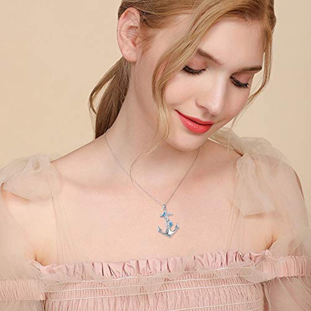 Sterling Silver Opal Dolphin & Anchor Pendant Necklace-3