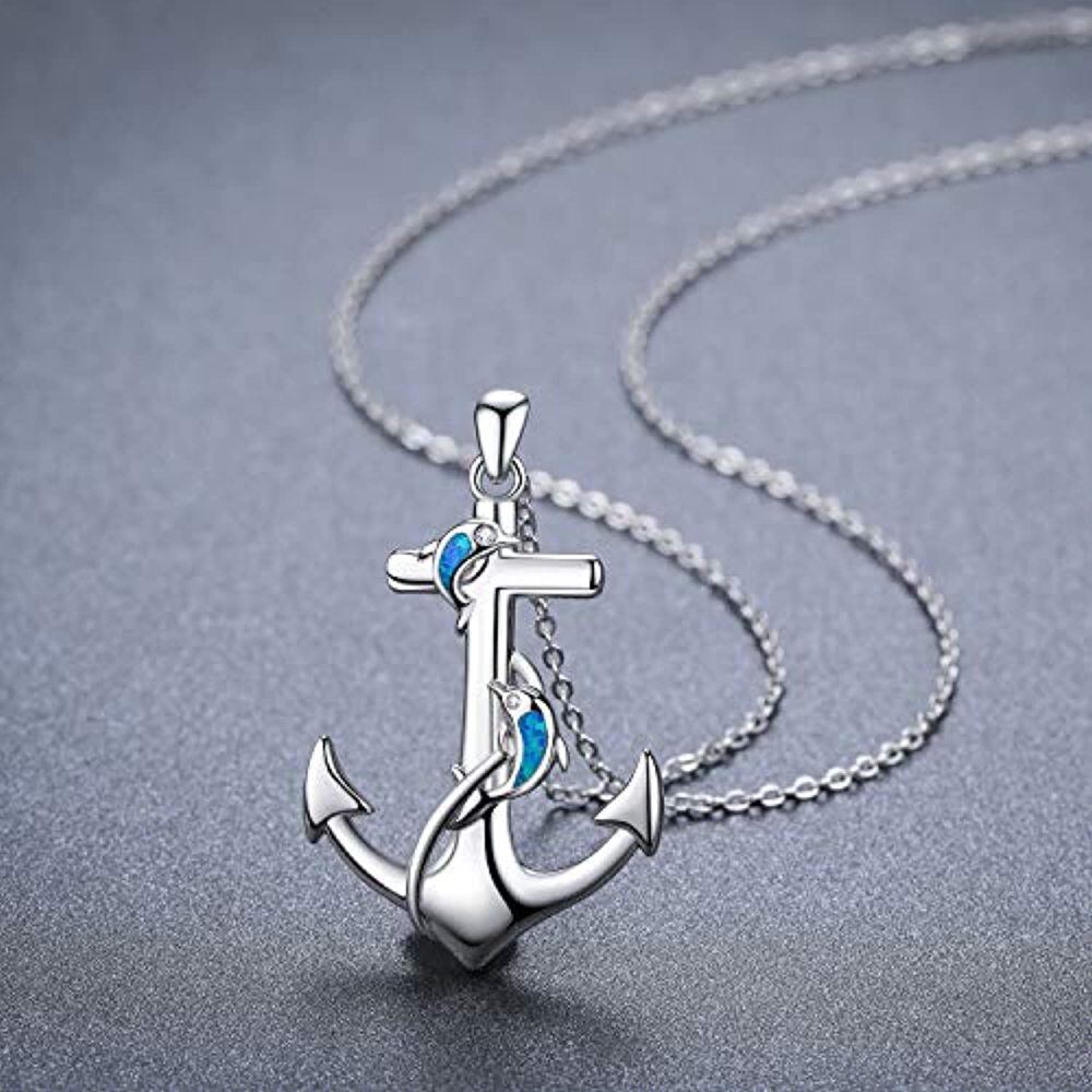 Sterling Silver Opal Dolphin & Anchor Pendant Necklace-4