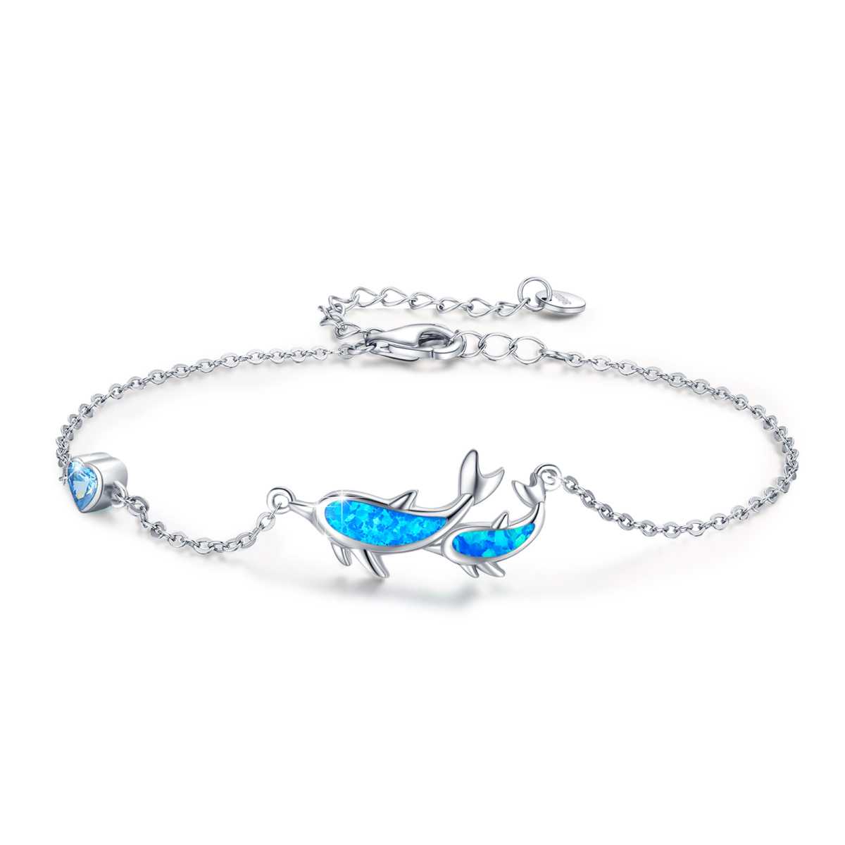 Sterling Silver Blue Opal Dolphin Charm Bracelet For Women-1