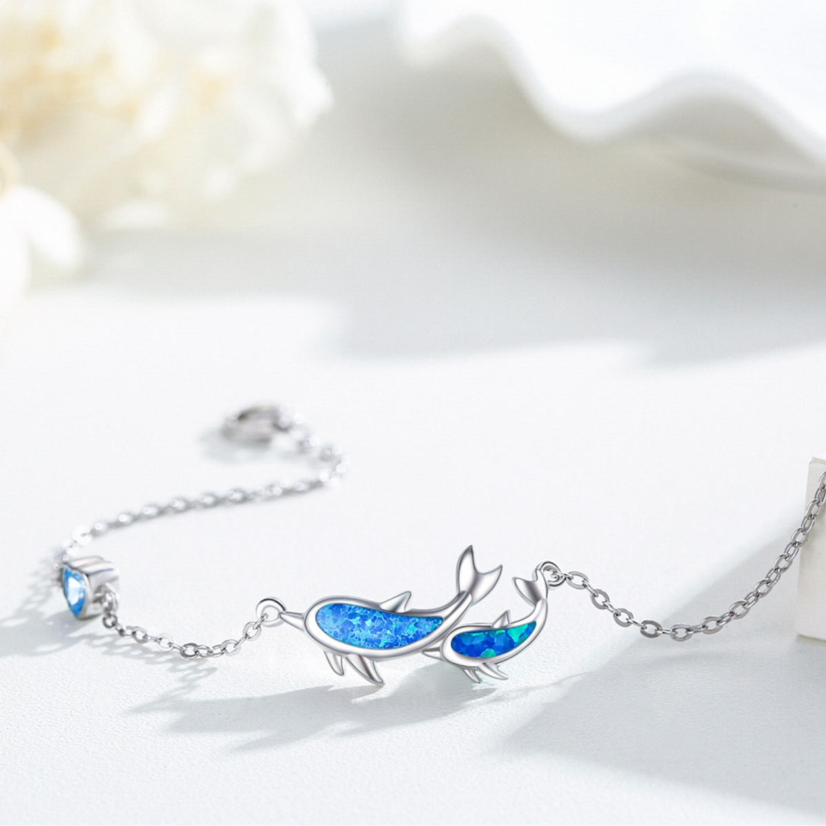 Sterling Silver Blue Opal Dolphin Pendant Bracelet For Women-3