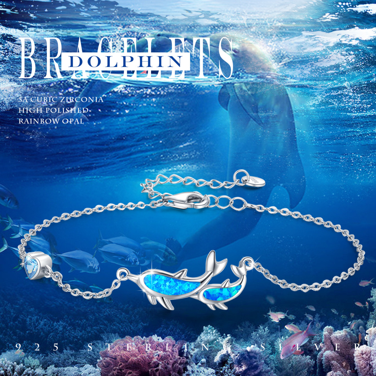 Sterling Silver Blue Opal Dolphin Pendant Bracelet For Women-4