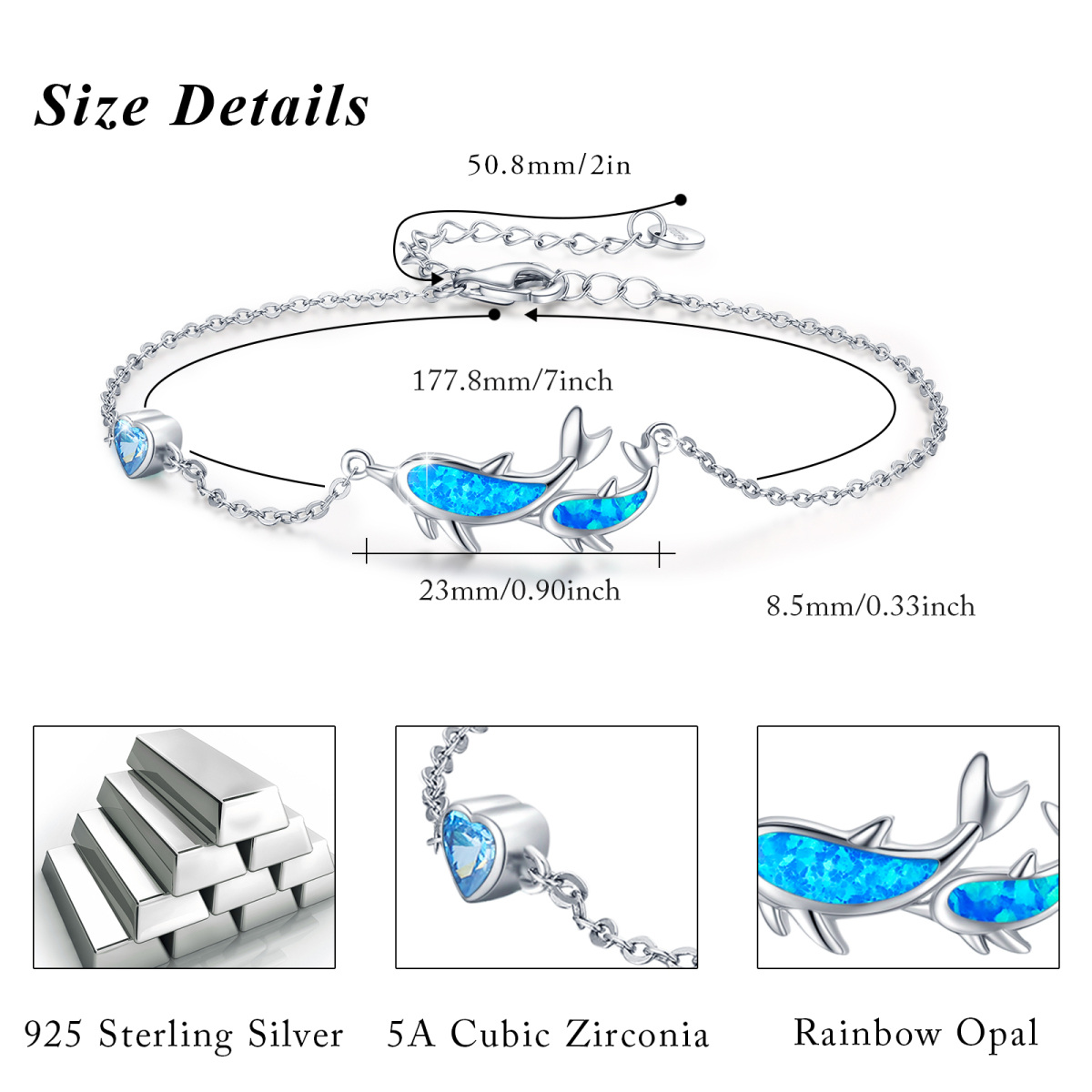 Srebrna bransoletka z wisiorkiem z niebieskim opalem i delfinem dla kobiet-5