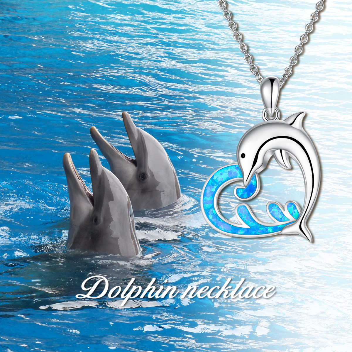 Sterling Silver Opal Dolphin & Spray Pendant Necklace-3