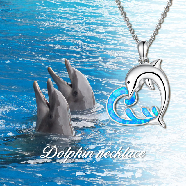 Sterling Silber Opal Delphin & Spray Anhänger Halskette-3