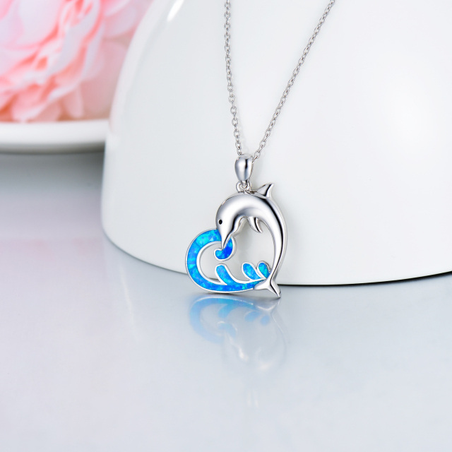 Sterling Silver Opal Dolphin & Spray Pendant Necklace-5