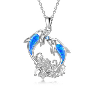 Sterling Silver Opal Dolphins Pendant Necklace-40