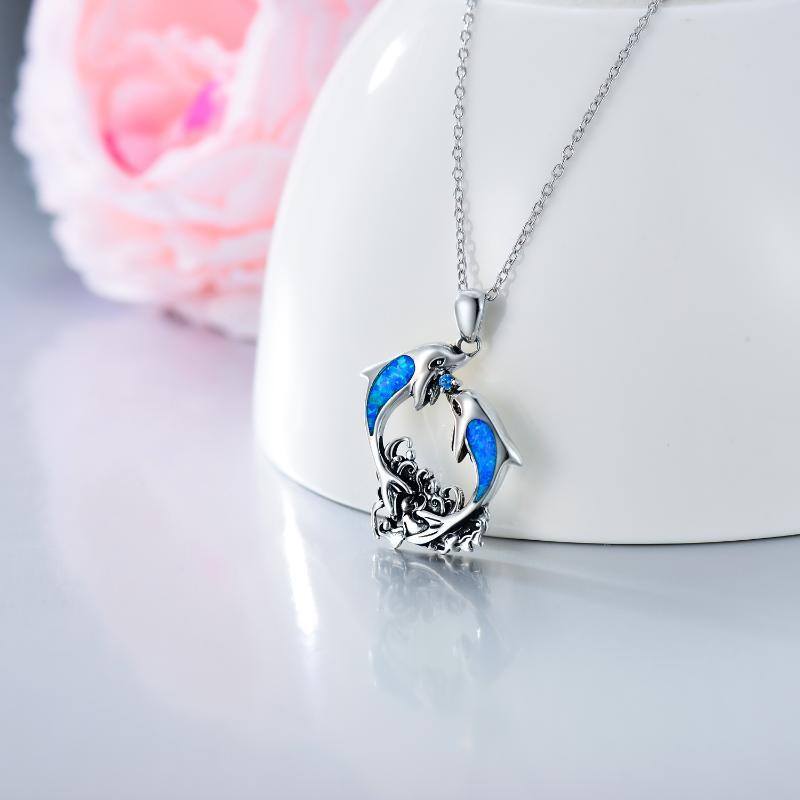 Sterling Silver Opal Dolphins Pendant Necklace-3