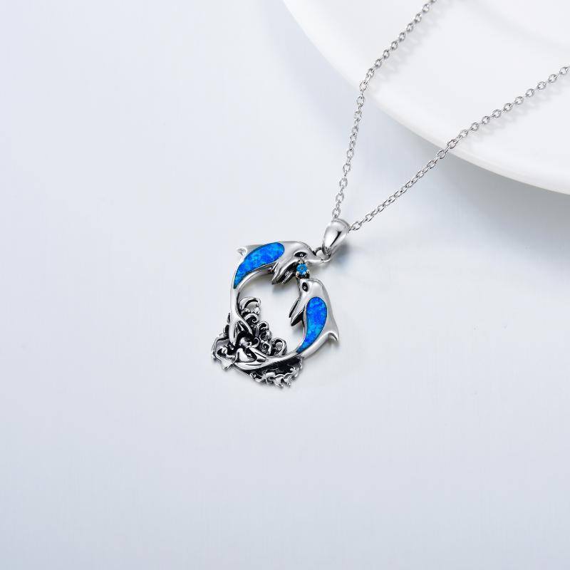 Sterling Silver Opal Dolphins Pendant Necklace-4