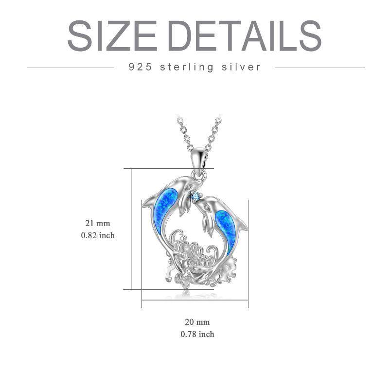 Sterling Silver Opal Dolphins Pendant Necklace-5