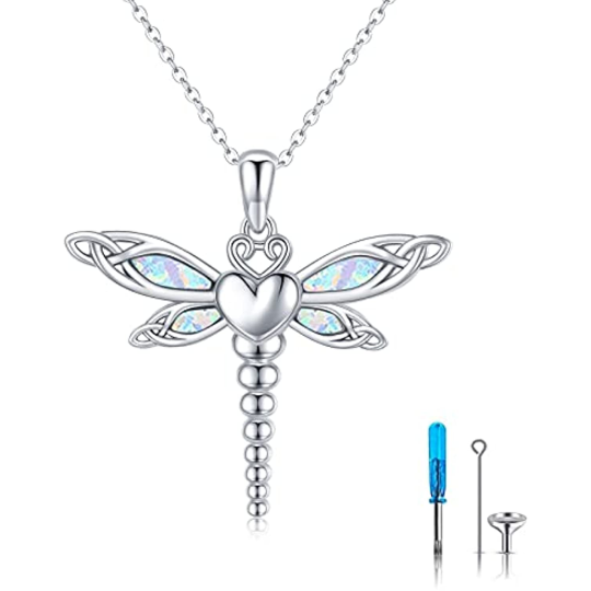 Sterling Silver Opal Dragonfly & Celtic Knot & Heart Urn Necklace for Ashes