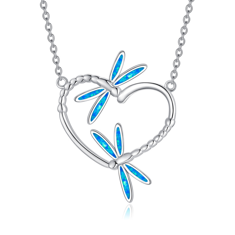 Sterling Silver Opal Dragonfly & Heart Pendant Necklace-18