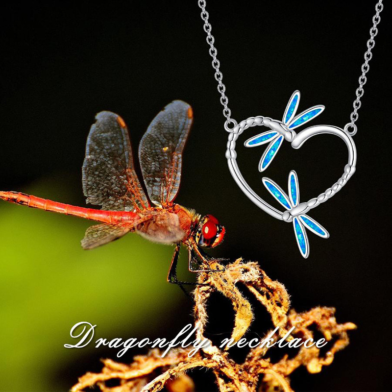 Sterling Silver Opal Dragonfly & Heart Pendant Necklace-3