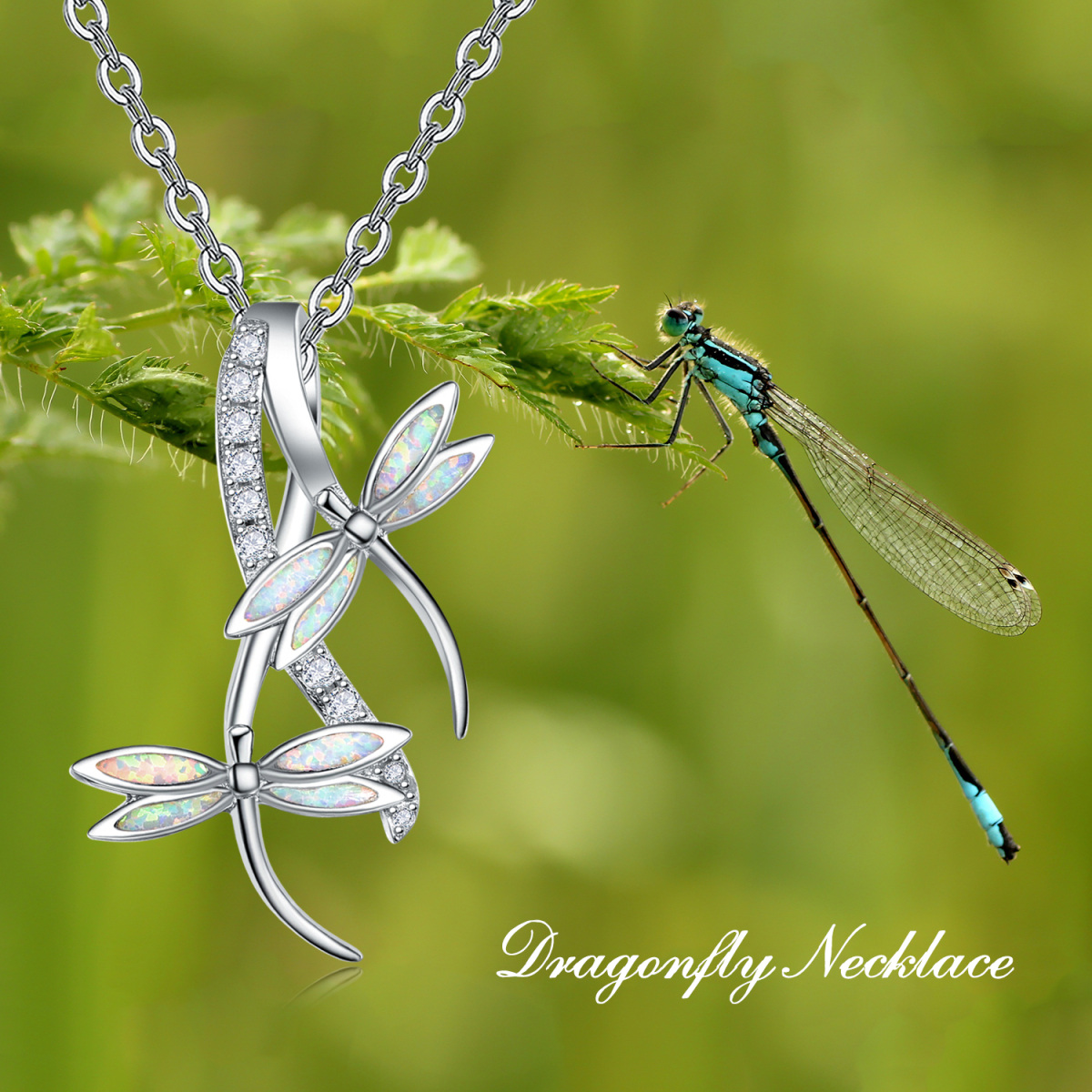 Sterling Silver Opal Dragonfly Pendant Necklace-4