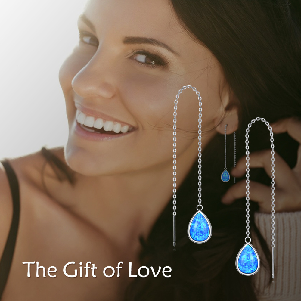 Sterling Silver Opal Drop Earrings For Women-3