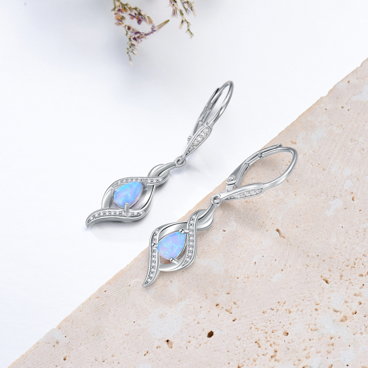 Sterling Silver Opal Drop Shape & Infinity Symbol Lever-back Earrings-4