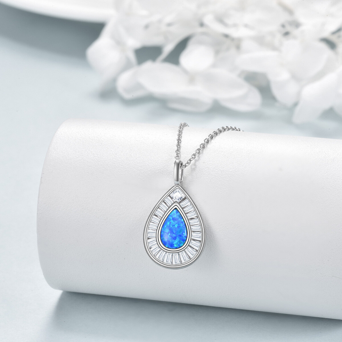 Sterling Silver Opal Drop Shape Pendant Necklace-3